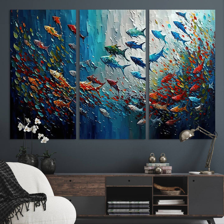 Modern Abstract Fish Shoal Wall Art Canvas Print, Colorful Fish Herd Painting on Canvas Print, Ocean Animal Artwork Ready to Hang Home Decor