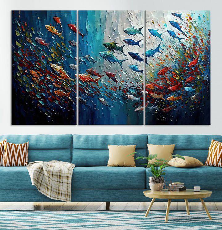 Modern Abstract Fish Shoal Wall Art Canvas Print, Colorful Fish Herd Painting on Canvas Print, Ocean Animal Artwork Ready to Hang Home Decor