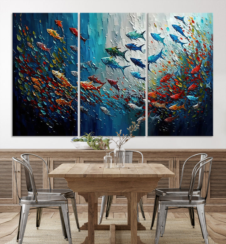 Modern Abstract Fish Shoal Wall Art Canvas Print, Colorful Fish Herd Painting on Canvas Print, Ocean Animal Artwork Ready to Hang Home Decor