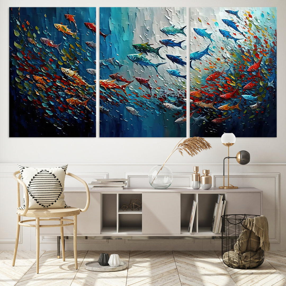 Modern Abstract Fish Shoal Wall Art Canvas Print, Colorful Fish Herd Painting on Canvas Print, Ocean Animal Artwork Ready to Hang Home Decor
