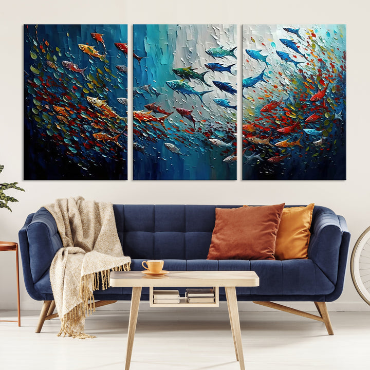 Modern Abstract Fish Shoal Wall Art Canvas Print, Colorful Fish Herd Painting on Canvas Print, Ocean Animal Artwork Ready to Hang Home Decor