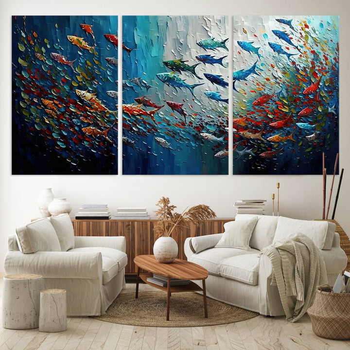 Modern Abstract Fish Shoal Wall Art Canvas Print, Colorful Fish Herd Painting on Canvas Print, Ocean Animal Artwork Ready to Hang Home Decor