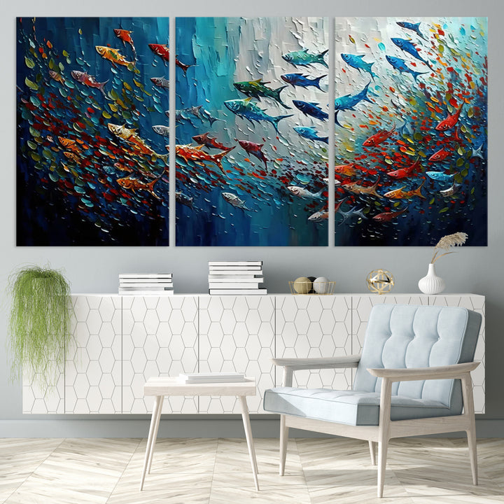 Modern Abstract Fish Shoal Wall Art Canvas Print, Colorful Fish Herd Painting on Canvas Print, Ocean Animal Artwork Ready to Hang Home Decor