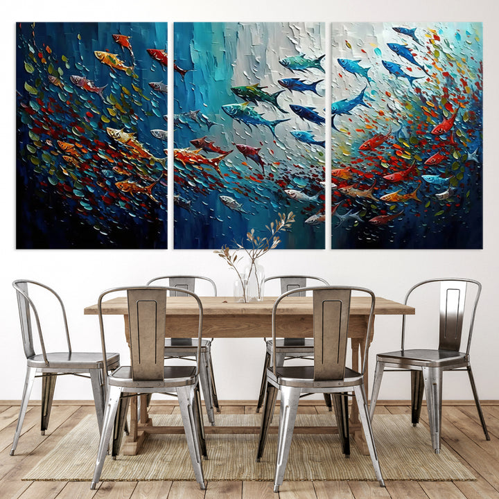 Modern Abstract Fish Shoal Wall Art Canvas Print, Colorful Fish Herd Painting on Canvas Print, Ocean Animal Artwork Ready to Hang Home Decor