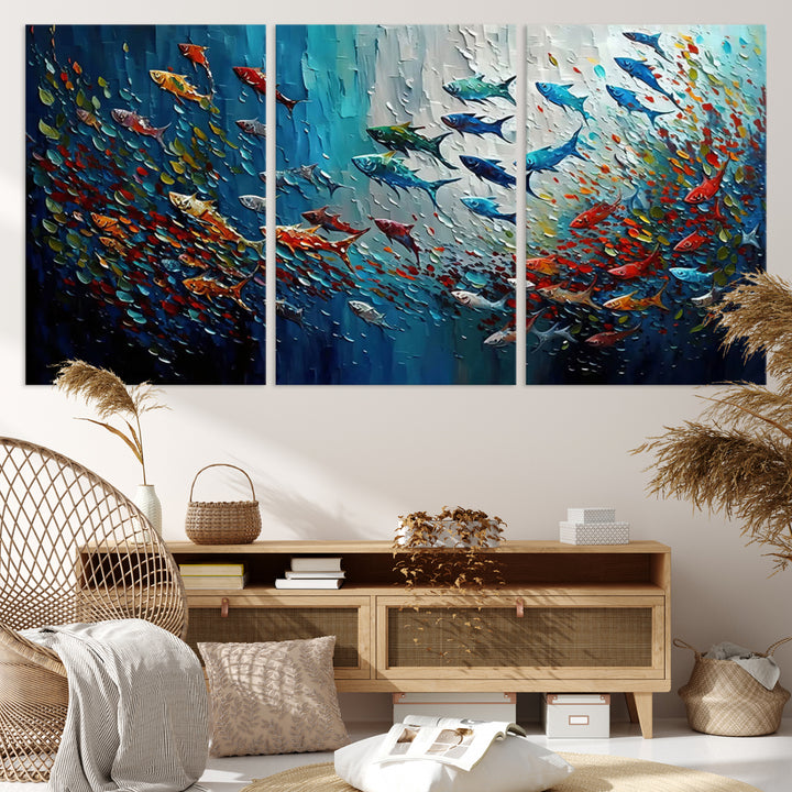 89626-MGV-CV-36X24-Modern Abstract Fish Shoal Wall Art Canvas Print, Colorful Fish Herd Painting on Canvas Print, Ocean Animal Artwork Ready to Hang Home Decor