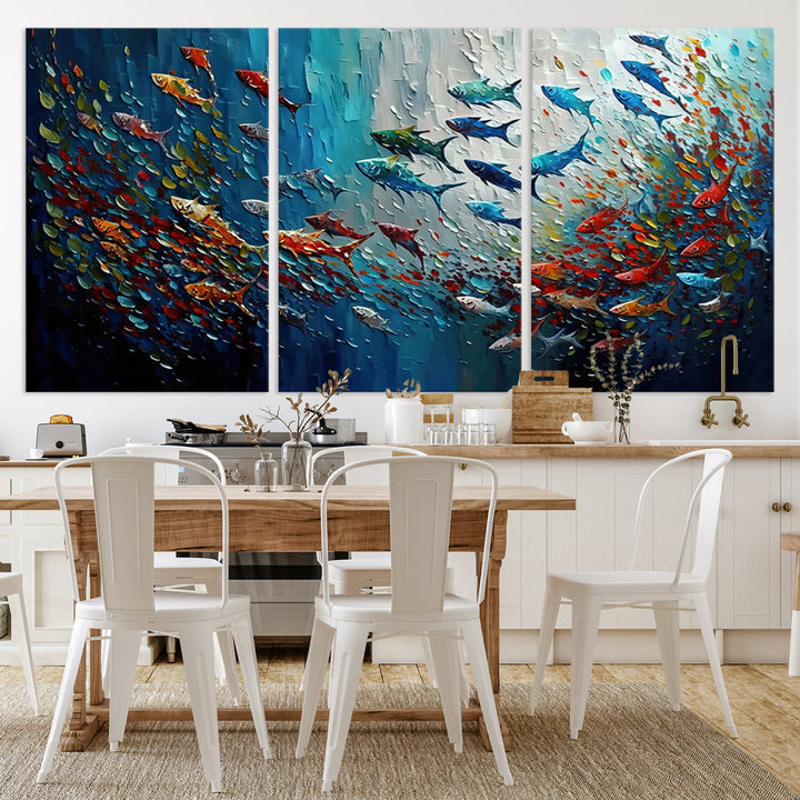 89626-MGV-CV-36X24-Modern Abstract Fish Shoal Wall Art Canvas Print, Colorful Fish Herd Painting on Canvas Print, Ocean Animal Artwork Ready to Hang Home Decor