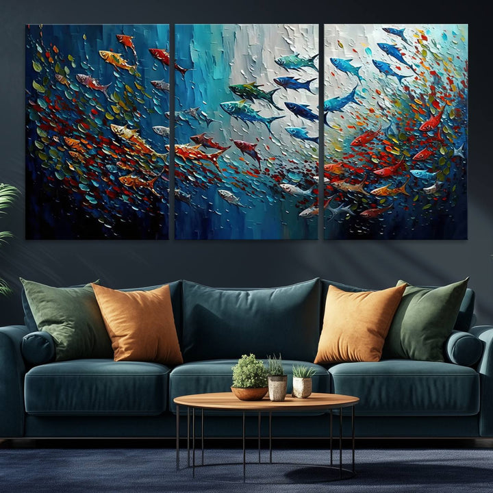 89626-MGV-CV-36X24-Modern Abstract Fish Shoal Wall Art Canvas Print, Colorful Fish Herd Painting on Canvas Print, Ocean Animal Artwork Ready to Hang Home Decor