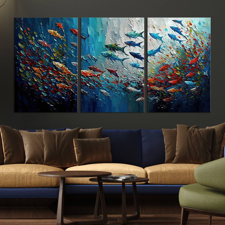 89626-MGV-CV-36X24-Modern Abstract Fish Shoal Wall Art Canvas Print, Colorful Fish Herd Painting on Canvas Print, Ocean Animal Artwork Ready to Hang Home Decor