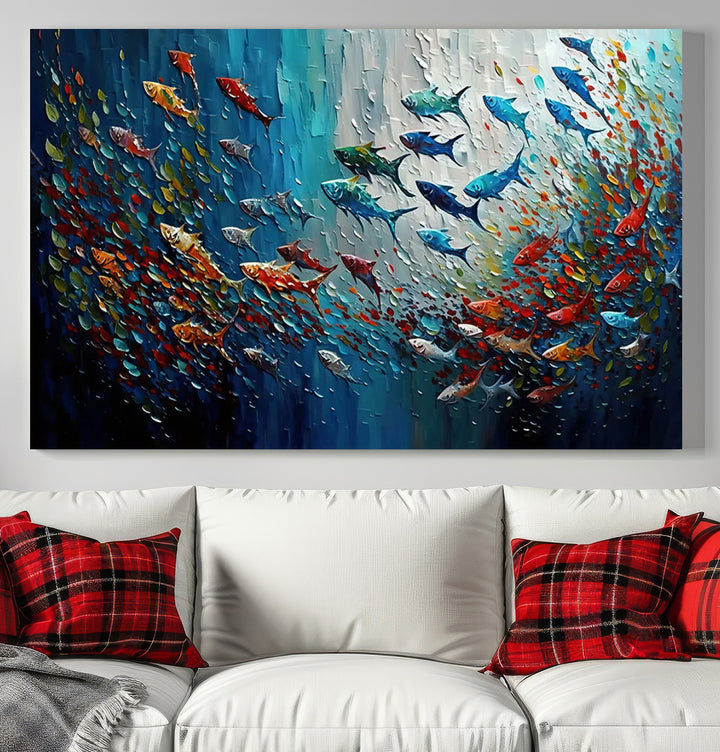 Modern Abstract Fish Shoal Wall Art Canvas Print, Colorful Fish Herd Painting on Canvas Print, Ocean Animal Artwork Ready to Hang Home Decor
