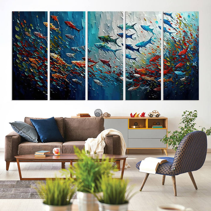 89626-MGV-CV-36X24-Modern Abstract Fish Shoal Wall Art Canvas Print, Colorful Fish Herd Painting on Canvas Print, Ocean Animal Artwork Ready to Hang Home Decor