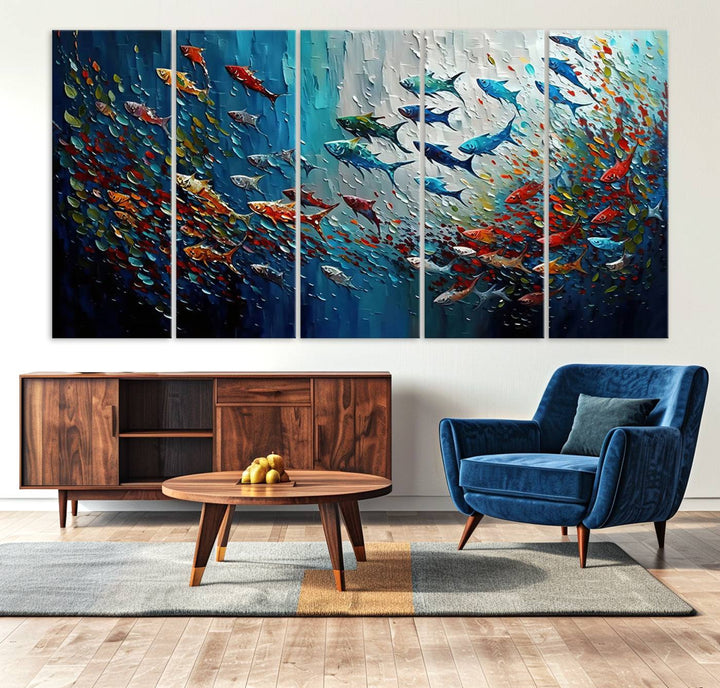 89626-MGV-CV-36X24-Modern Abstract Fish Shoal Wall Art Canvas Print, Colorful Fish Herd Painting on Canvas Print, Ocean Animal Artwork Ready to Hang Home Decor