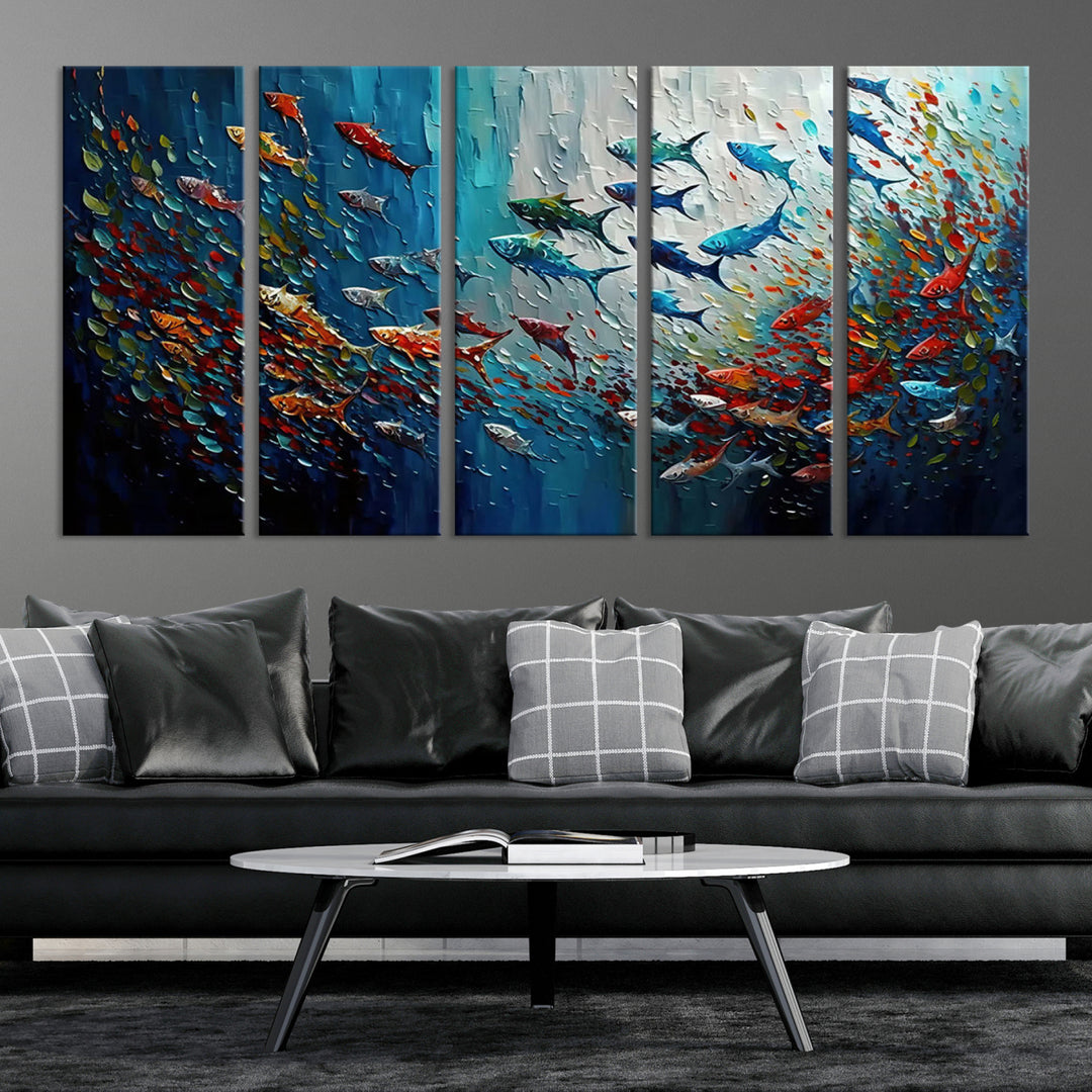 89626-MGV-CV-36X24-Modern Abstract Fish Shoal Wall Art Canvas Print, Colorful Fish Herd Painting on Canvas Print, Ocean Animal Artwork Ready to Hang Home Decor