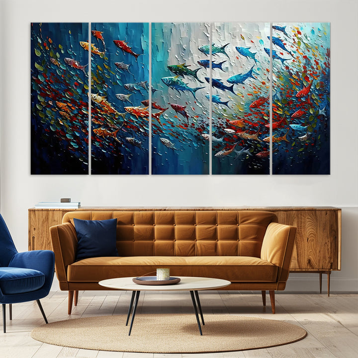 89626-MGV-CV-36X24-Modern Abstract Fish Shoal Wall Art Canvas Print, Colorful Fish Herd Painting on Canvas Print, Ocean Animal Artwork Ready to Hang Home Decor