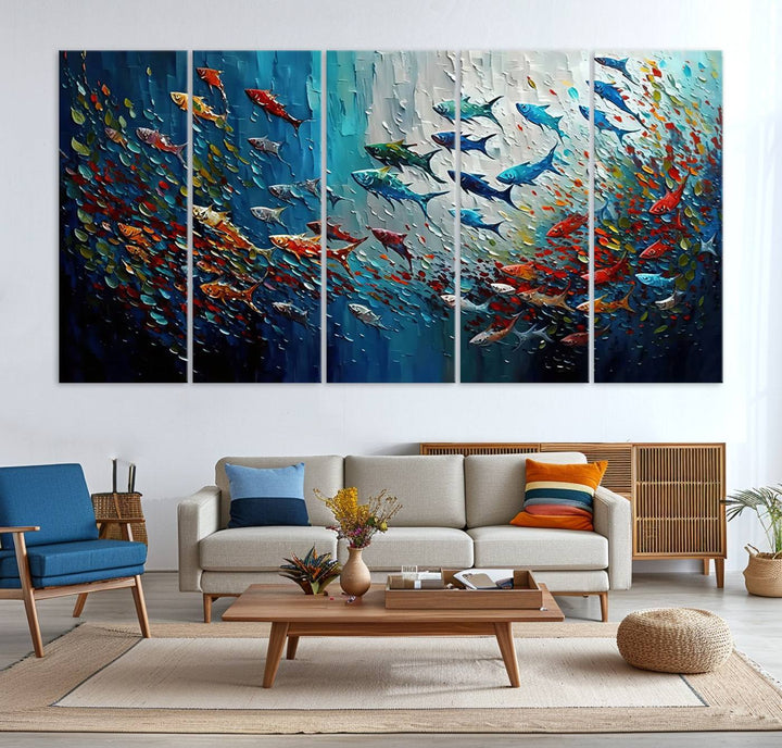 89626-MGV-CV-36X24-Modern Abstract Fish Shoal Wall Art Canvas Print, Colorful Fish Herd Painting on Canvas Print, Ocean Animal Artwork Ready to Hang Home Decor