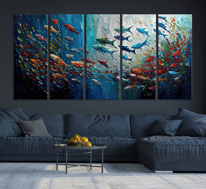 89626-MGV-CV-36X24-Modern Abstract Fish Shoal Wall Art Canvas Print, Colorful Fish Herd Painting on Canvas Print, Ocean Animal Artwork Ready to Hang Home Decor