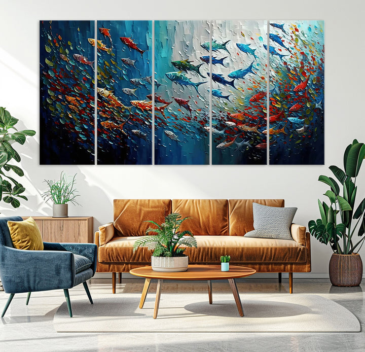 89626-MGV-CV-36X24-Modern Abstract Fish Shoal Wall Art Canvas Print, Colorful Fish Herd Painting on Canvas Print, Ocean Animal Artwork Ready to Hang Home Decor