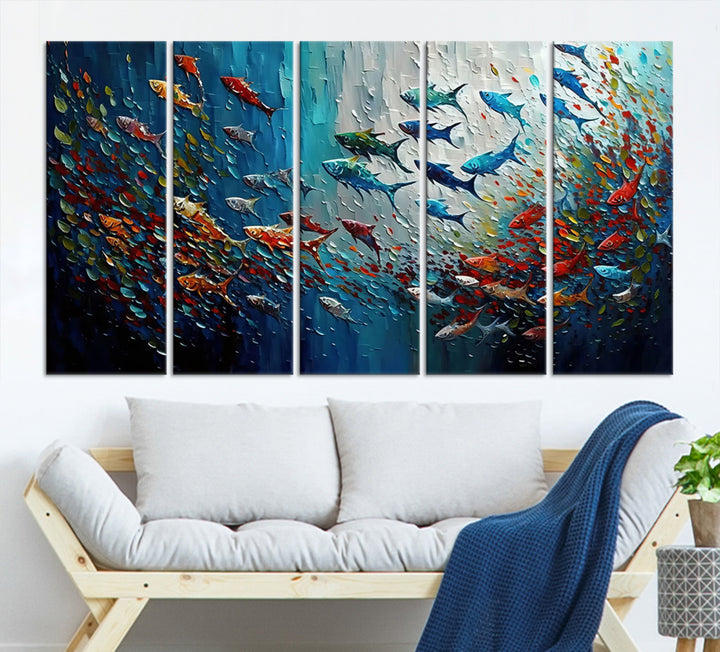 89626-MGV-CV-36X24-Modern Abstract Fish Shoal Wall Art Canvas Print, Colorful Fish Herd Painting on Canvas Print, Ocean Animal Artwork Ready to Hang Home Decor