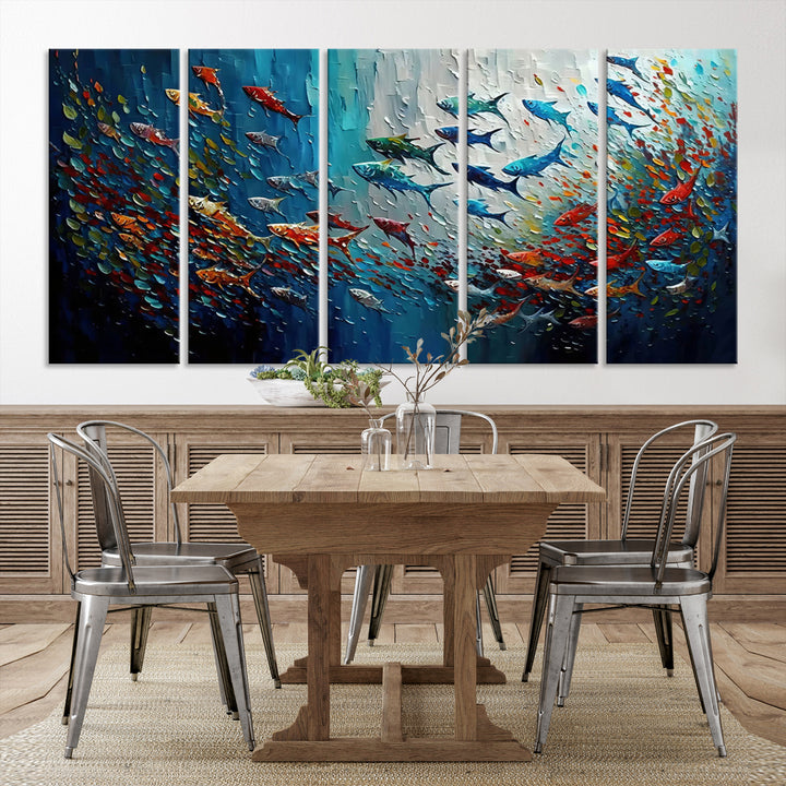 89626-MGV-CV-36X24-Modern Abstract Fish Shoal Wall Art Canvas Print, Colorful Fish Herd Painting on Canvas Print, Ocean Animal Artwork Ready to Hang Home Decor