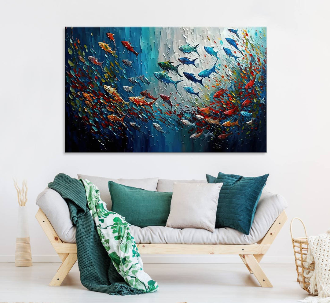 Modern Abstract Fish Shoal Wall Art Canvas Print, Colorful Fish Herd Painting on Canvas Print, Ocean Animal Artwork Ready to Hang Home Decor
