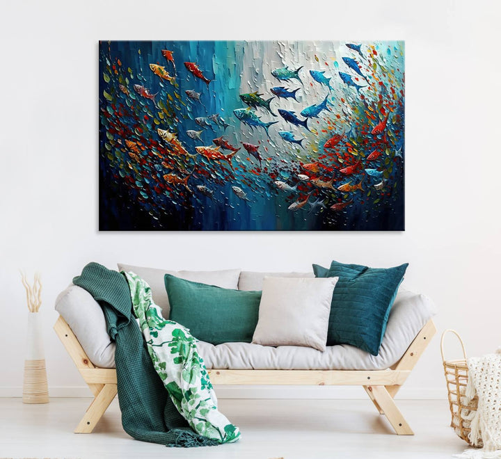 Modern Abstract Fish Shoal Wall Art Canvas Print, Colorful Fish Herd Painting on Canvas Print, Ocean Animal Artwork Ready to Hang Home Decor
