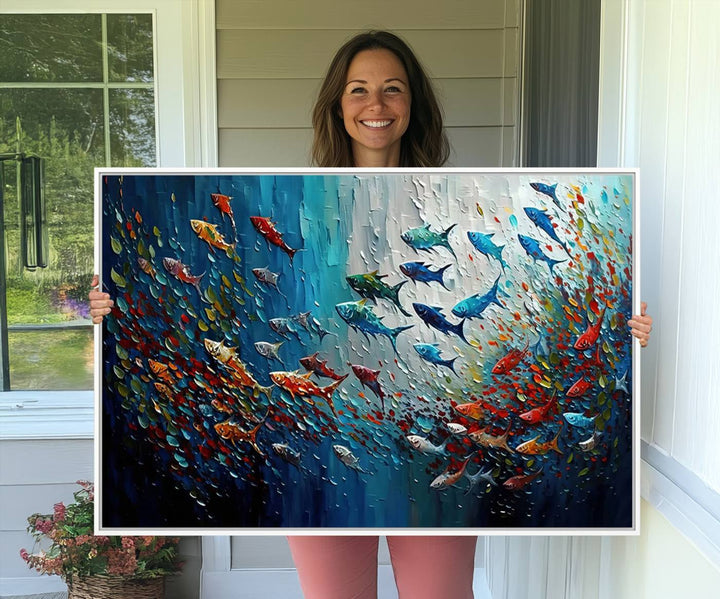 89626-MGV-CV-36X24-Modern Abstract Fish Shoal Wall Art Canvas Print, Colorful Fish Herd Painting on Canvas Print, Ocean Animal Artwork Ready to Hang Home Decor