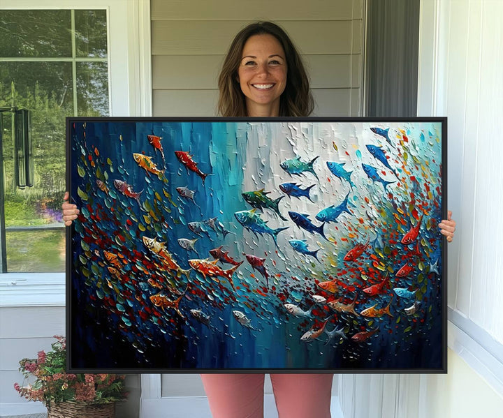 89626-MGV-CV-36X24-Modern Abstract Fish Shoal Wall Art Canvas Print, Colorful Fish Herd Painting on Canvas Print, Ocean Animal Artwork Ready to Hang Home Decor