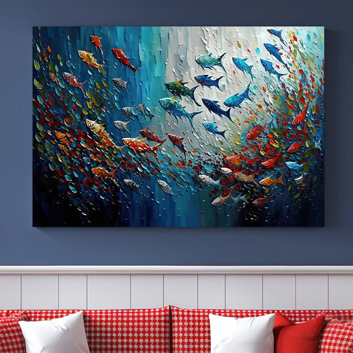 Modern Abstract Fish Shoal Wall Art Canvas Print, Colorful Fish Herd Painting on Canvas Print, Ocean Animal Artwork Ready to Hang Home Decor