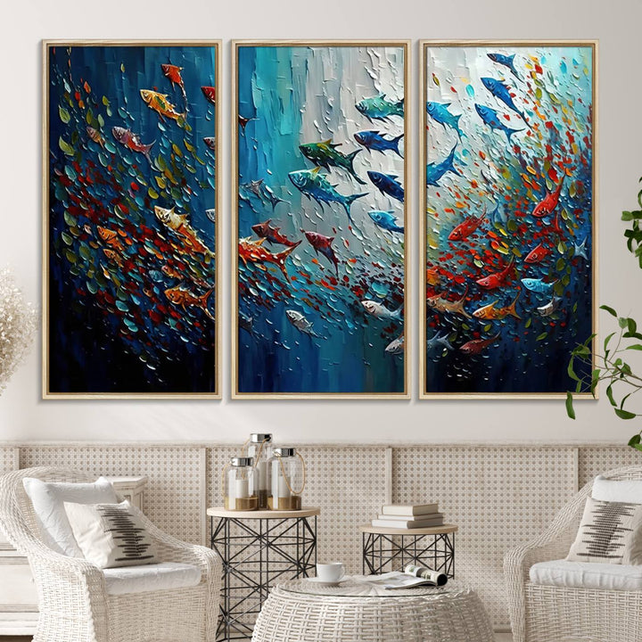 89626-MGV-CV-36X24-Modern Abstract Fish Shoal Wall Art Canvas Print, Colorful Fish Herd Painting on Canvas Print, Ocean Animal Artwork Ready to Hang Home Decor