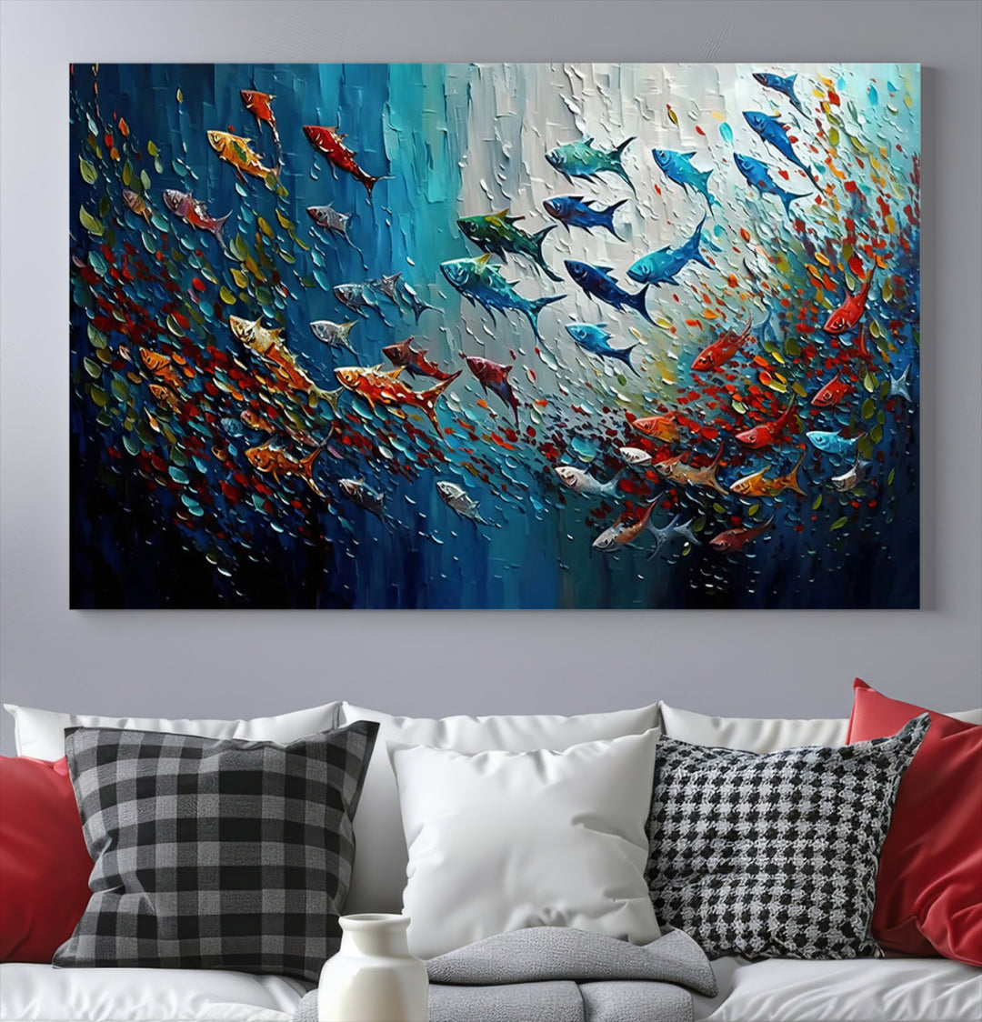 Modern Abstract Fish Shoal Wall Art Canvas Print, Colorful Fish Herd Painting on Canvas Print, Ocean Animal Artwork Ready to Hang Home Decor