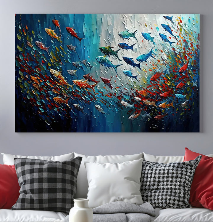 Modern Abstract Fish Shoal Wall Art Canvas Print, Colorful Fish Herd Painting on Canvas Print, Ocean Animal Artwork Ready to Hang Home Decor