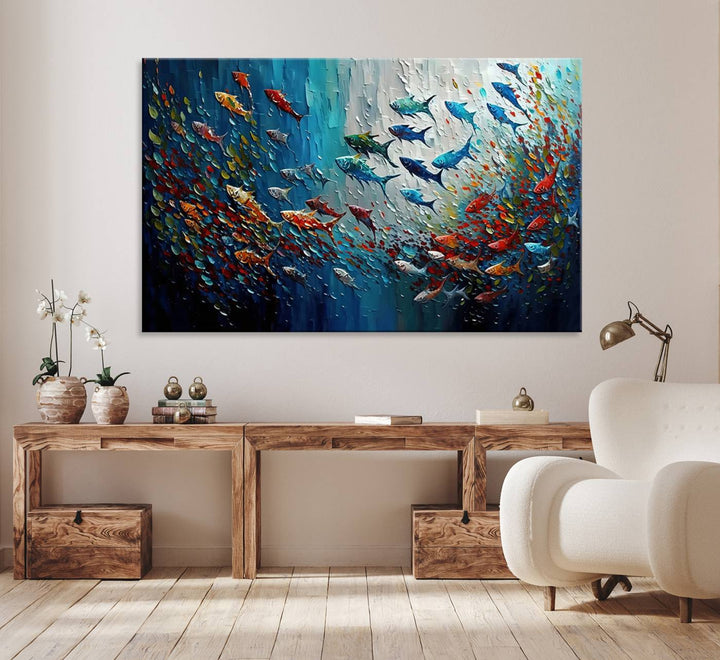 Modern Abstract Fish Shoal Wall Art Canvas Print, Colorful Fish Herd Painting on Canvas Print, Ocean Animal Artwork Ready to Hang Home Decor