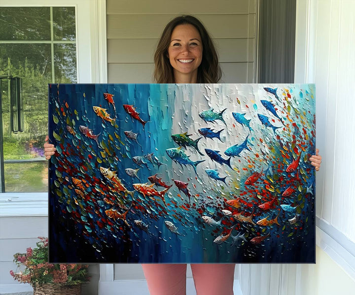 Modern Abstract Fish Shoal Wall Art Canvas Print, Colorful Fish Herd Painting on Canvas Print, Ocean Animal Artwork Ready to Hang Home Decor