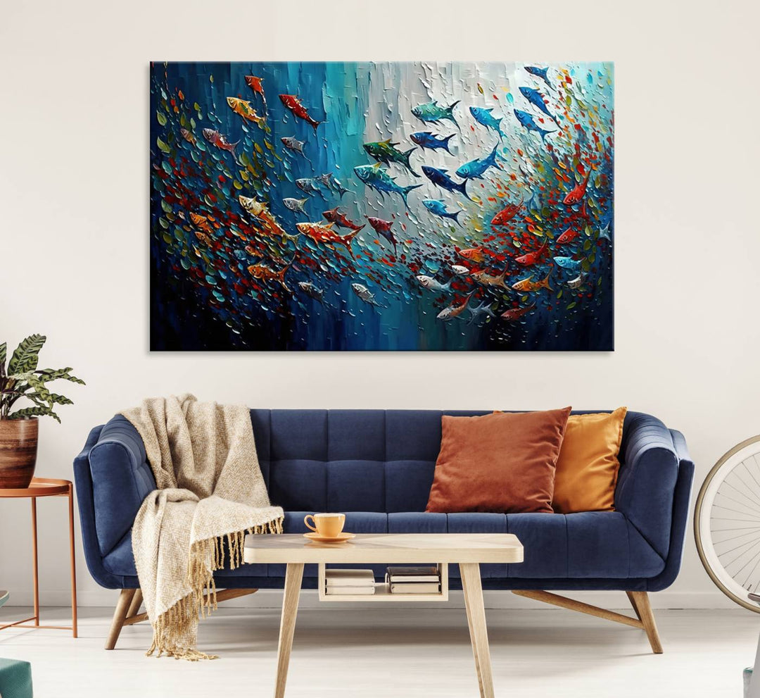 Modern Abstract Fish Shoal Wall Art Canvas Print, Colorful Fish Herd Painting on Canvas Print, Ocean Animal Artwork Ready to Hang Home Decor