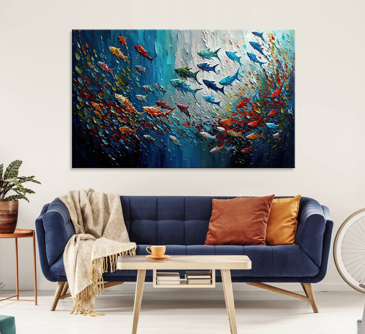 Modern Abstract Fish Shoal Wall Art Canvas Print, Colorful Fish Herd Painting on Canvas Print, Ocean Animal Artwork Ready to Hang Home Decor