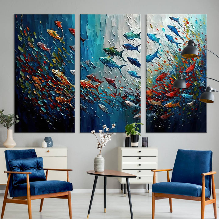Modern Abstract Fish Shoal Wall Art Canvas Print, Colorful Fish Herd Painting on Canvas Print, Ocean Animal Artwork Ready to Hang Home Decor