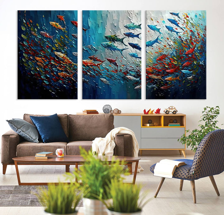 Modern Abstract Fish Shoal Wall Art Canvas Print, Colorful Fish Herd Painting on Canvas Print, Ocean Animal Artwork Ready to Hang Home Decor