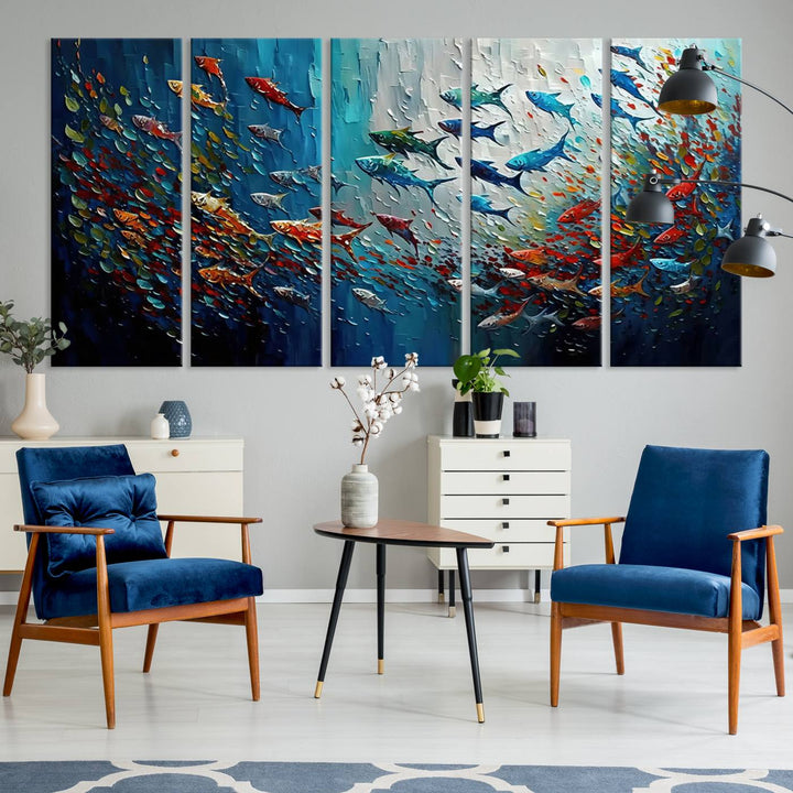 89626-MGV-CV-60X31-5P-Modern Abstract Fish Shoal Wall Art Canvas Print, Colorful Fish Herd Painting on Canvas Print, Ocean Animal Artwork Ready to Hang Home Decor