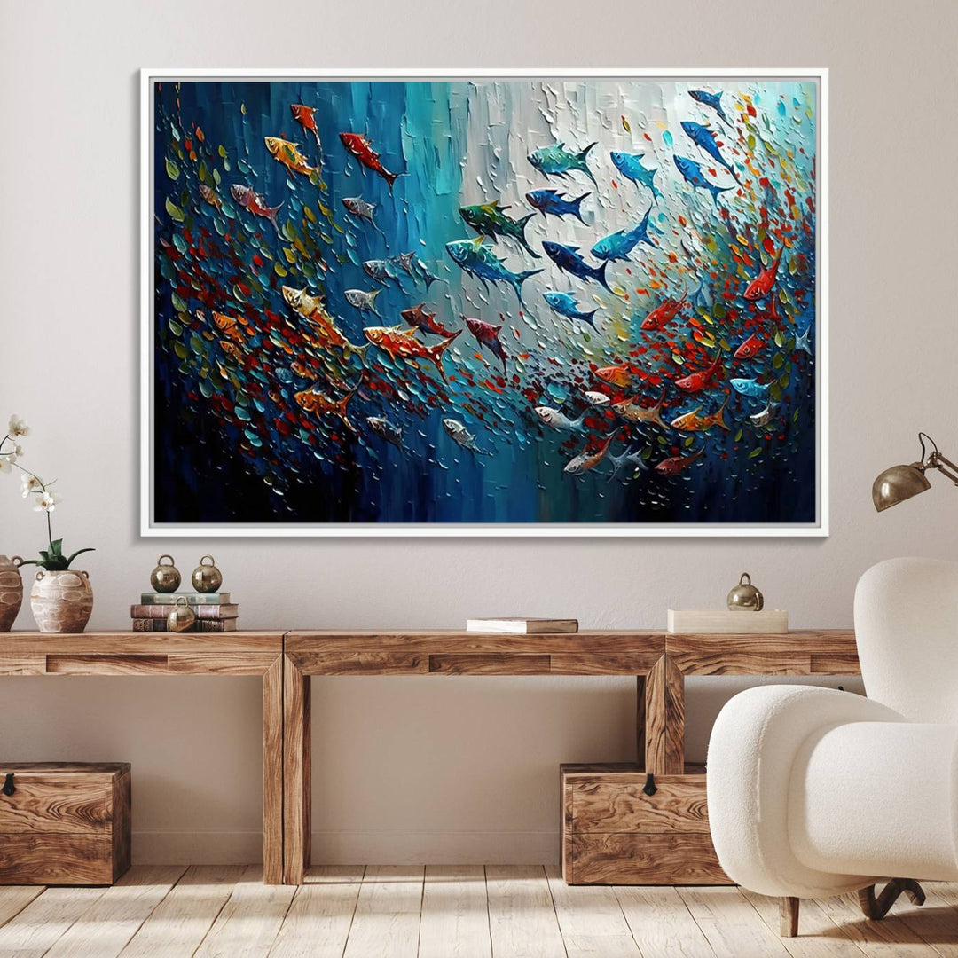 89626-MGV-FC-36X24_White-Modern Abstract Fish Shoal Wall Art Canvas Print, Colorful Fish Herd Painting on Canvas Print, Ocean Animal Artwork Ready to Hang Home Decor