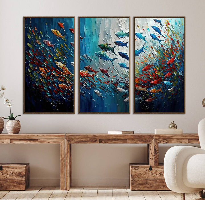 89626-MGV-FC-48X32-3P_Walnut-Modern Abstract Fish Shoal Wall Art Canvas Print, Colorful Fish Herd Painting on Canvas Print, Ocean Animal Artwork Ready to Hang Home Decor