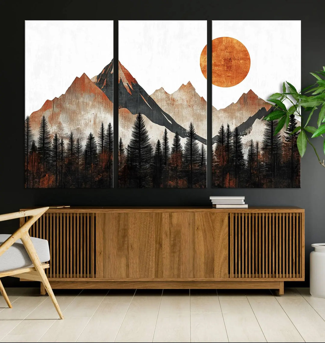 The "Modern Abstract Mountain Canvas Wall Art Print" in the living room features an abstract landscape of mountains, trees, and a warm-toned sun.