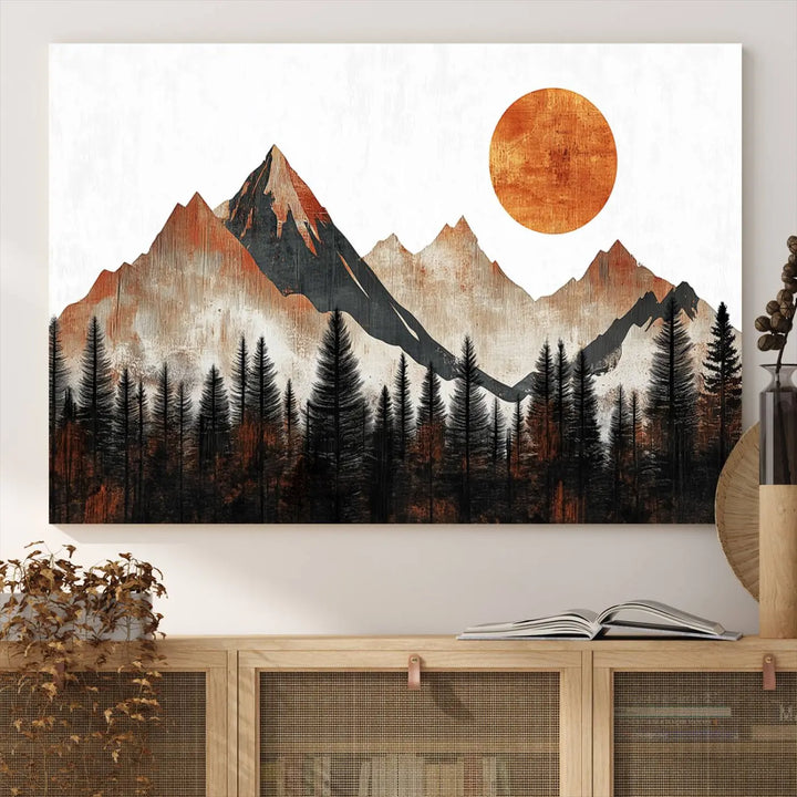 The "Modern Abstract Mountain Canvas Wall Art Print" in the living room features an abstract landscape of mountains, trees, and a warm-toned sun.