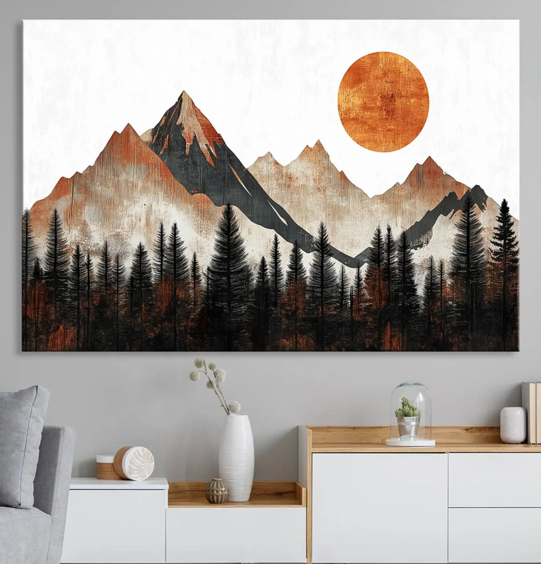 The "Modern Abstract Mountain Canvas Wall Art Print" in the living room features an abstract landscape of mountains, trees, and a warm-toned sun.