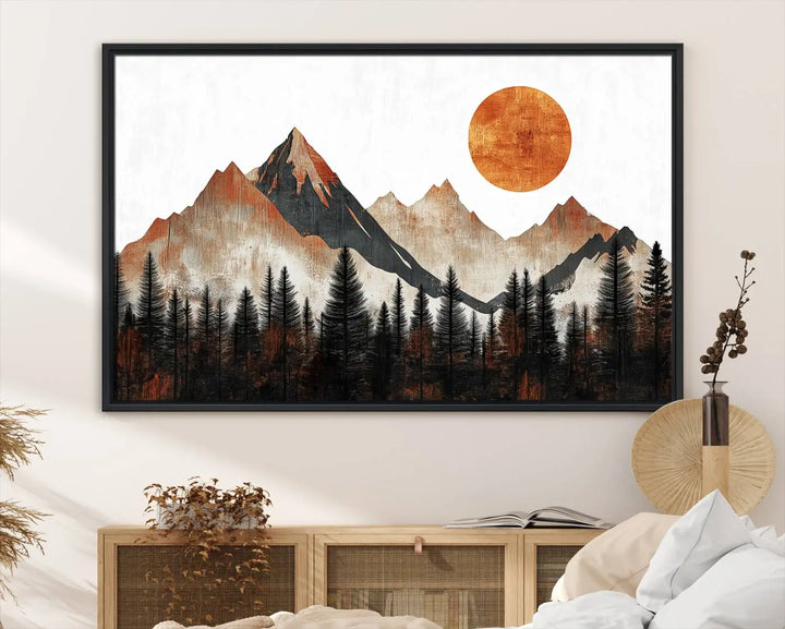 The "Modern Abstract Mountain Canvas Wall Art Print" in the living room features an abstract landscape of mountains, trees, and a warm-toned sun.