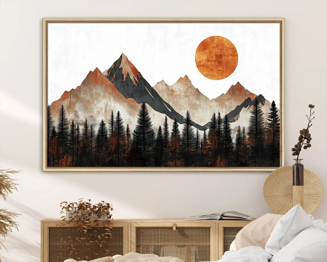 The "Modern Abstract Mountain Canvas Wall Art Print" in the living room features an abstract landscape of mountains, trees, and a warm-toned sun.