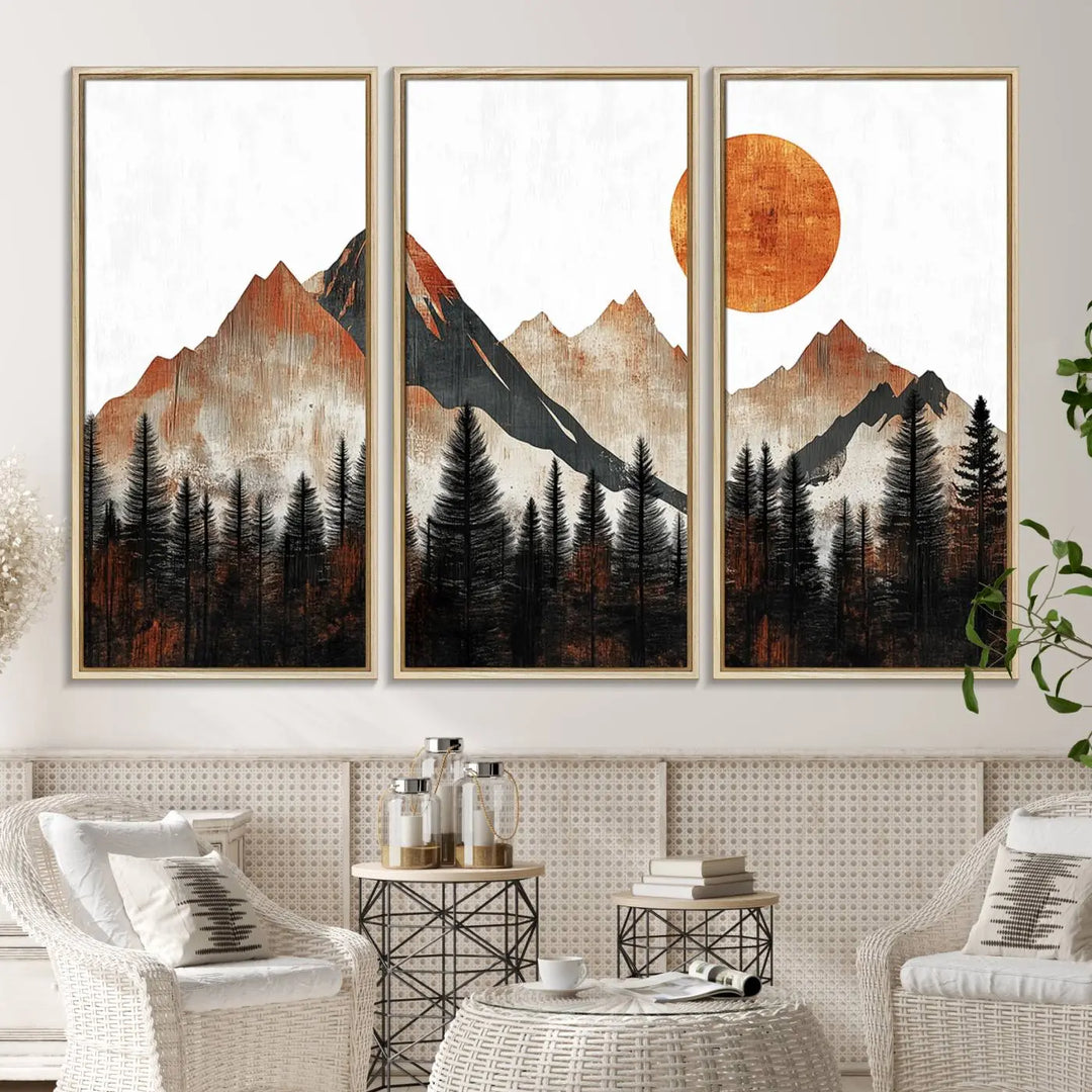 The "Modern Abstract Mountain Canvas Wall Art Print" in the living room features an abstract landscape of mountains, trees, and a warm-toned sun.