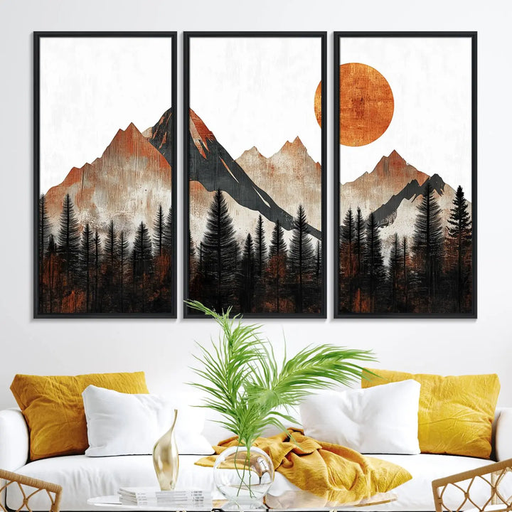 The "Modern Abstract Mountain Canvas Wall Art Print" in the living room features an abstract landscape of mountains, trees, and a warm-toned sun.