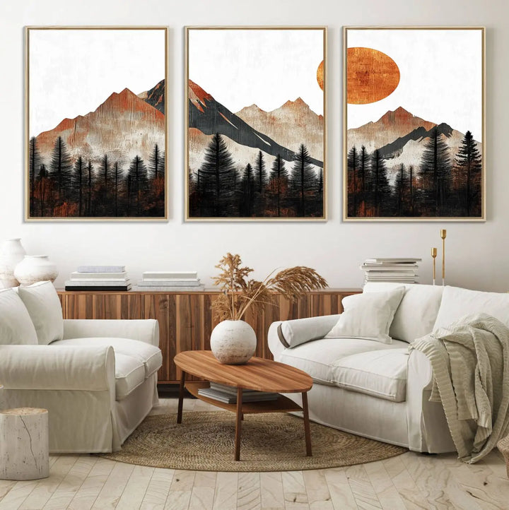 The "Modern Abstract Mountain Canvas Wall Art Print" in the living room features an abstract landscape of mountains, trees, and a warm-toned sun.