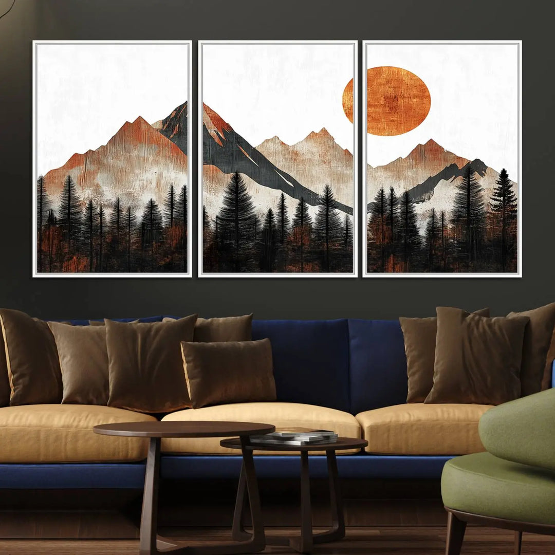 The "Modern Abstract Mountain Canvas Wall Art Print" in the living room features an abstract landscape of mountains, trees, and a warm-toned sun.