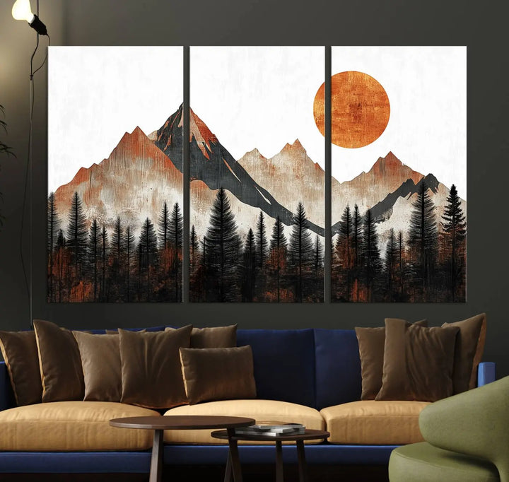 The "Modern Abstract Mountain Canvas Wall Art Print" in the living room features an abstract landscape of mountains, trees, and a warm-toned sun.