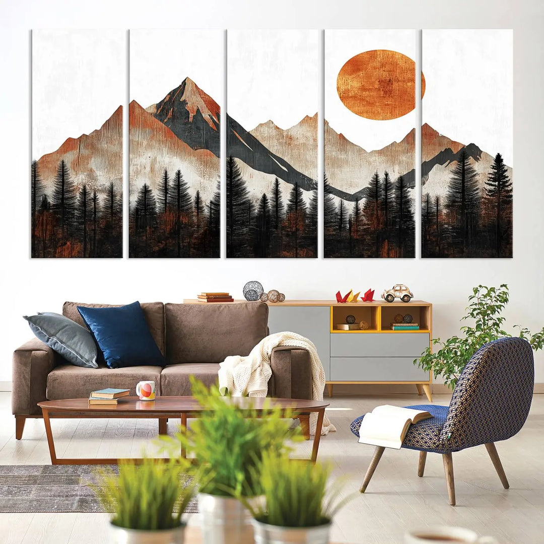 The "Modern Abstract Mountain Canvas Wall Art Print" in the living room features an abstract landscape of mountains, trees, and a warm-toned sun.